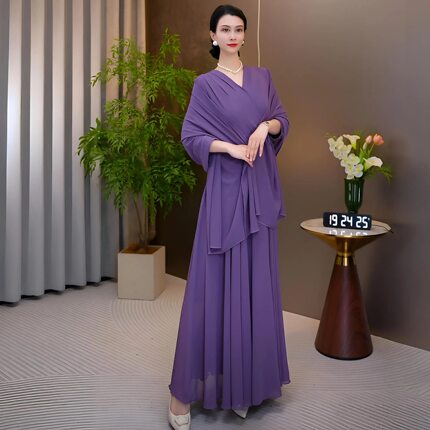 紫色雪纺V领连衣裙女气质高端妈妈婚宴礼服大码显瘦长款晚礼服
