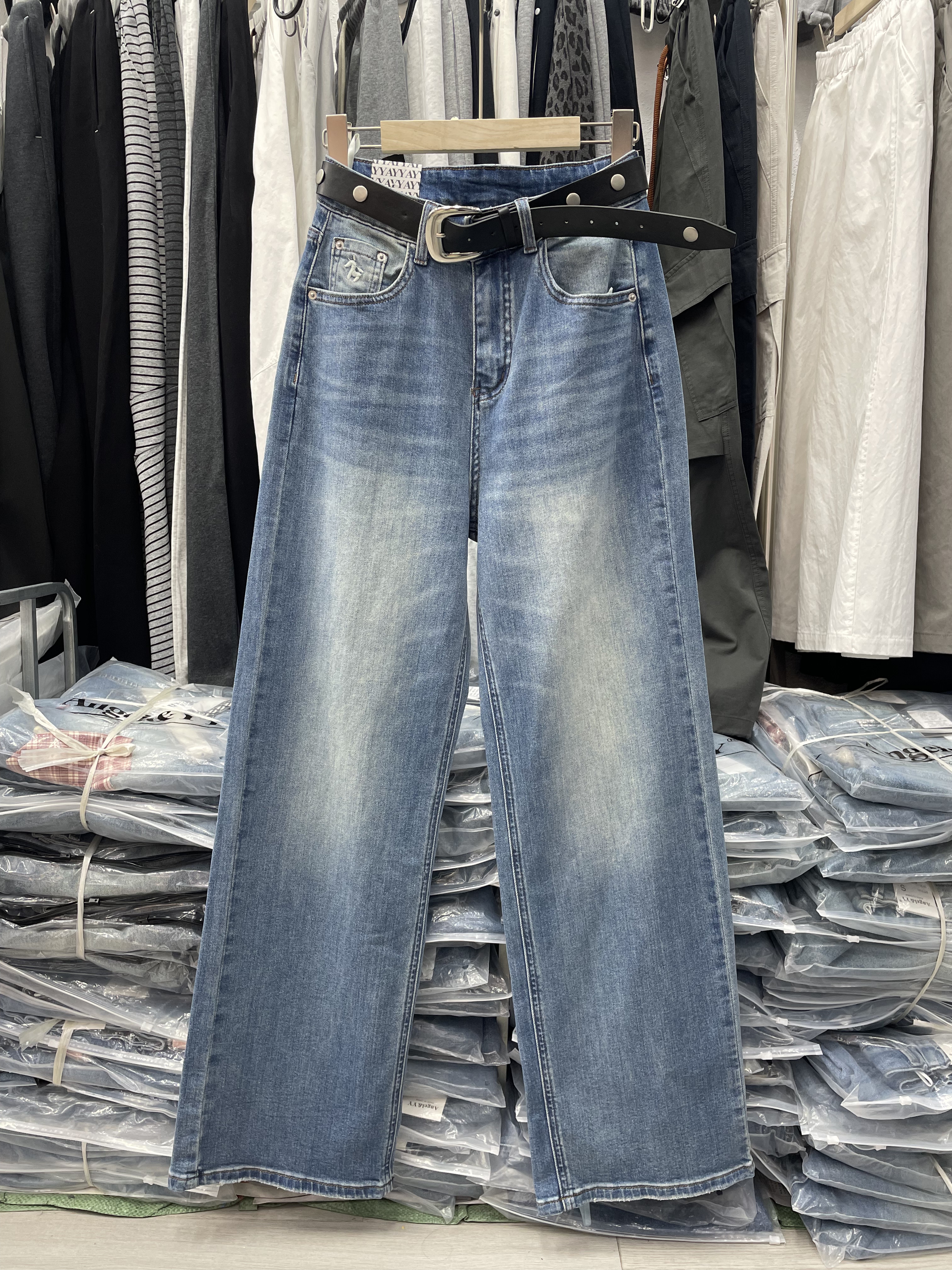 AngelYY77022正品春款高腰弹力显瘦窄版阔腿裤牛仔裤女直筒拖地裤