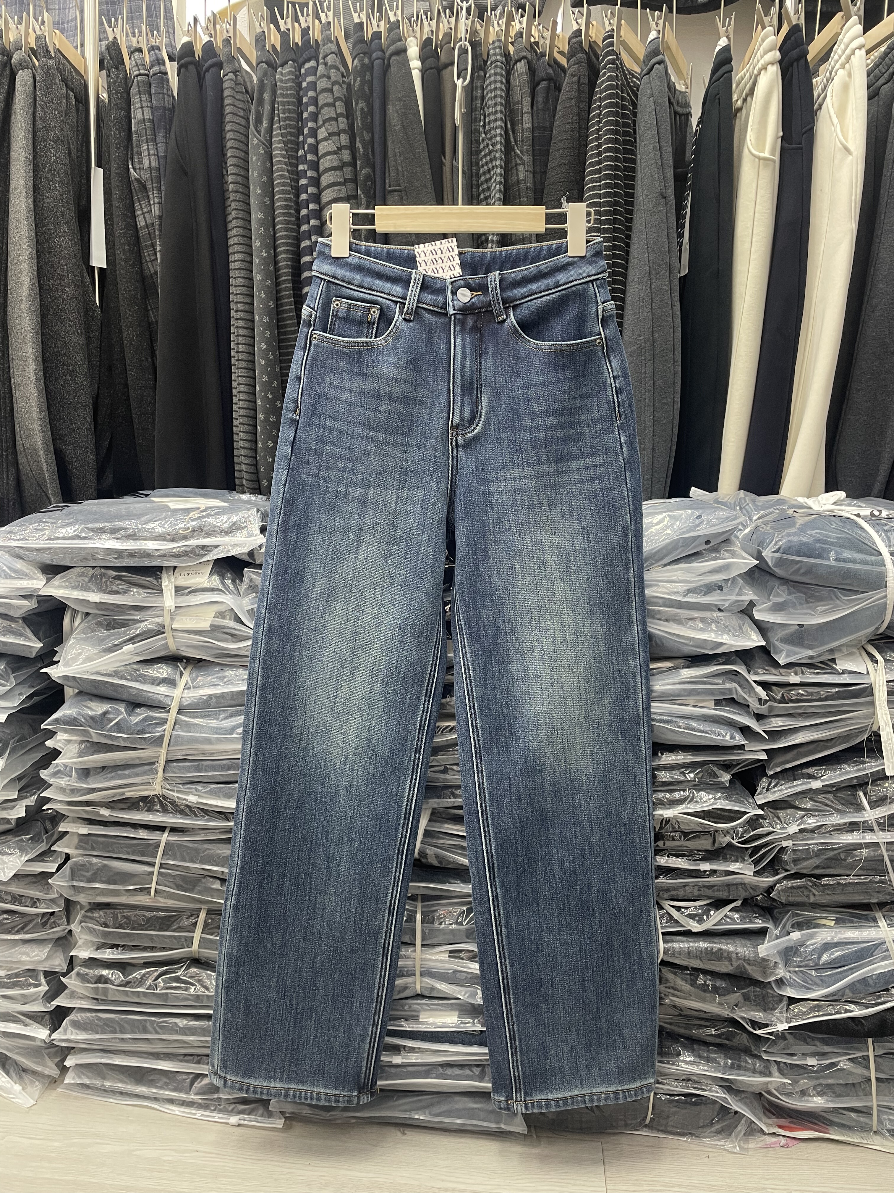 欧货AngelYY662063高腰显瘦四面弹窄版阔腿裤加绒牛仔直筒拖地裤