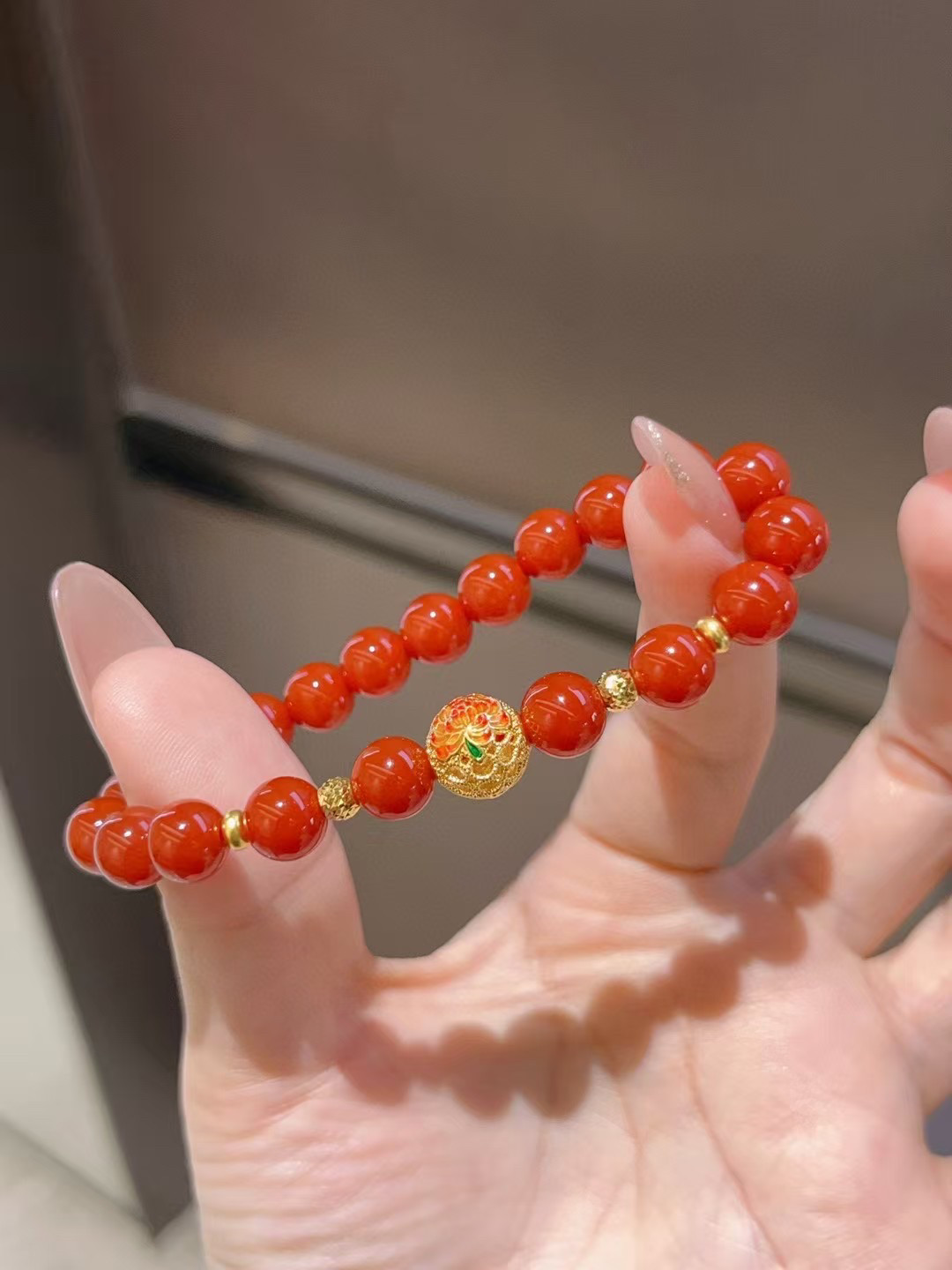 足金999牡丹花镂空花球搭足金999隔片金珠 天然南红手串新中式