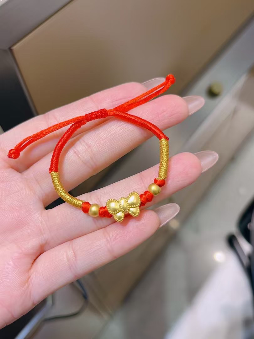 足金999宝宝满月金饰黄金蝴蝶结手链岁岁平安新生儿婴儿礼手绳