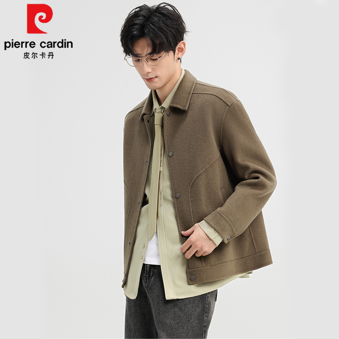 皮尔卡丹羊毛双面呢子大衣男秋冬季青年高端男士毛呢夹克外套短款