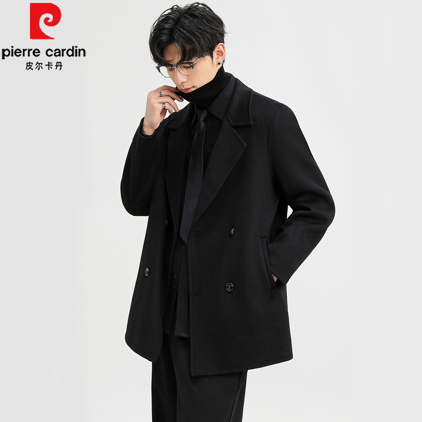 皮尔卡丹男士双面呢子大衣中长款秋冬季羊毛呢中青年商务外套男装