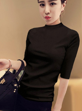 2025黑色中袖上衣女七分袖半高领打底衫春秋冬内搭五分袖t恤修身