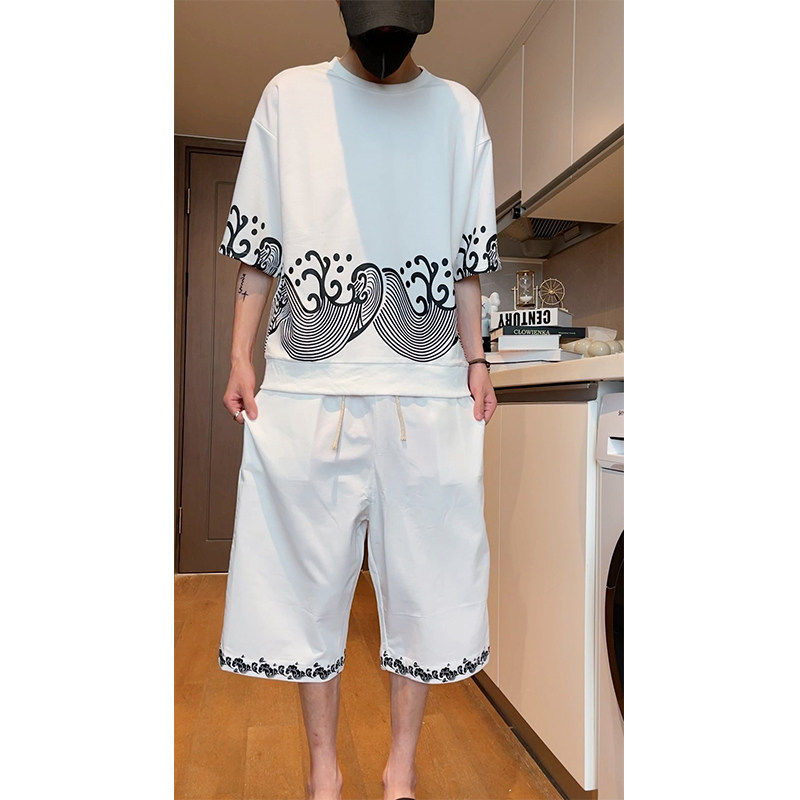 夏季中国风运动服套装男士青年大码薄款针织短袖七分裤禅服两件套