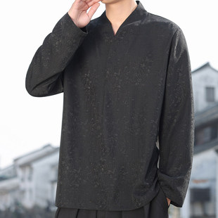 春季新款汉服领T恤国风长袖衬衣提花复古上衣居士禅服打底汗衫男
