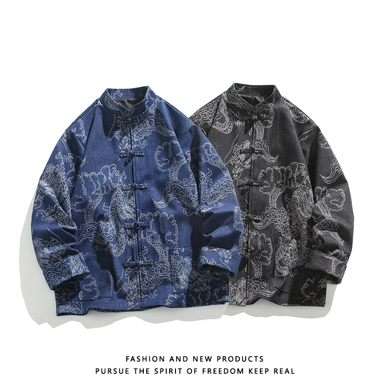 春装复古民族风龙纹印花牛仔夹克衫男禅意茶服唐装新中式纯棉外套