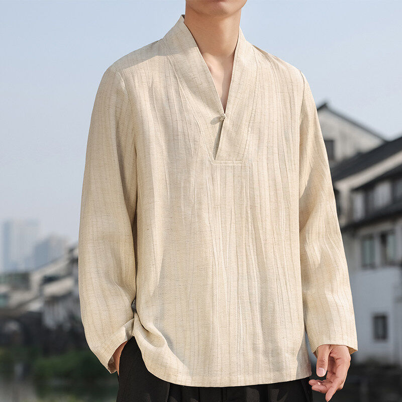 交领长袖新中式棉麻汉服潮男上衣