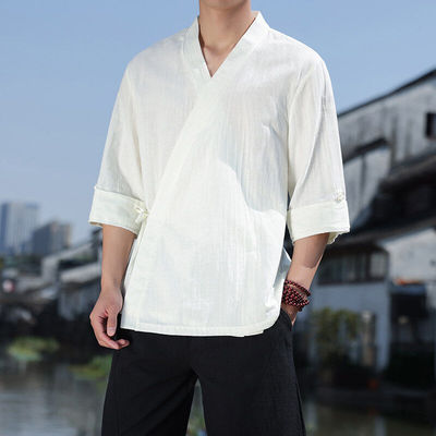 交领斜门襟短袖复古纯棉汉服男潮