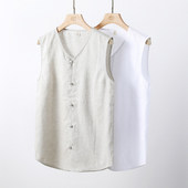 100%纯亚麻中国风盘扣无袖 马甲男V领马褂 透气汗背心薄款 唐装 夏季