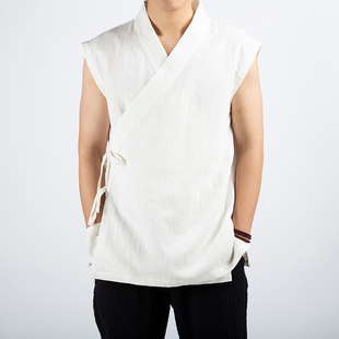夏季 棉麻衣中国风交领汉服系带短打禅意马甲男马褂复古坎肩潮 无袖