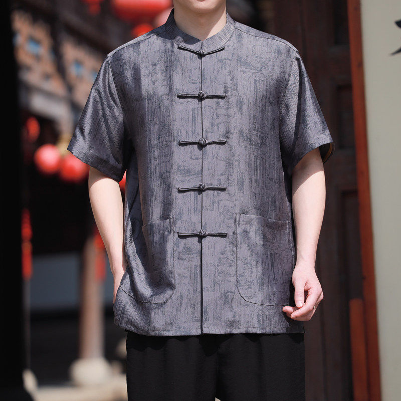 夏季中国风短袖衬衫中老年休闲唐装立领一字扣汉服男上衣服打底衫