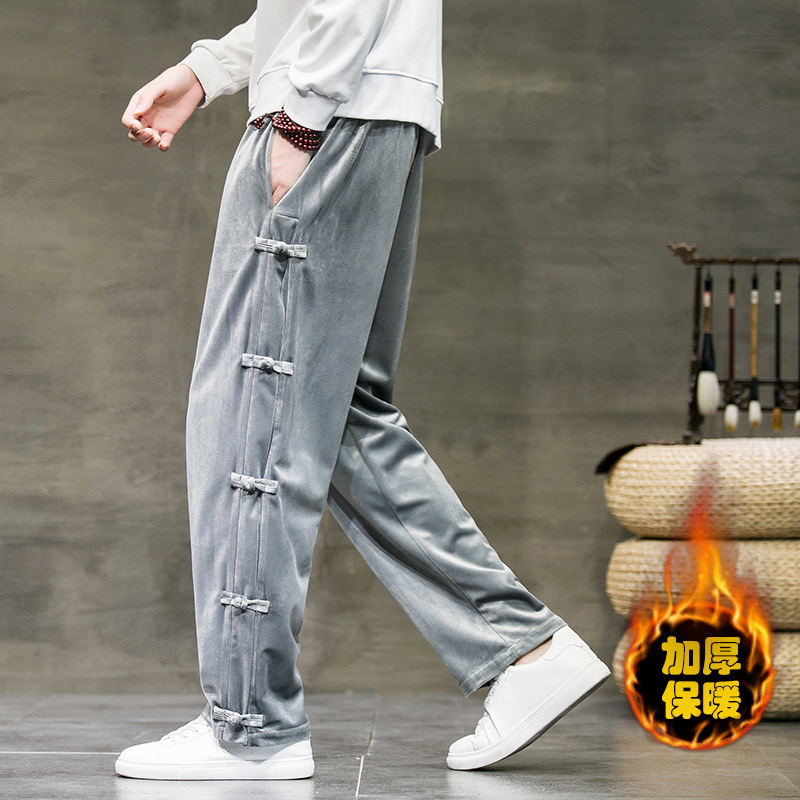 冬季中国风丝绒休闲裤宽松大码阔腿裤加绒加厚直筒裤仙鹤印花男裤