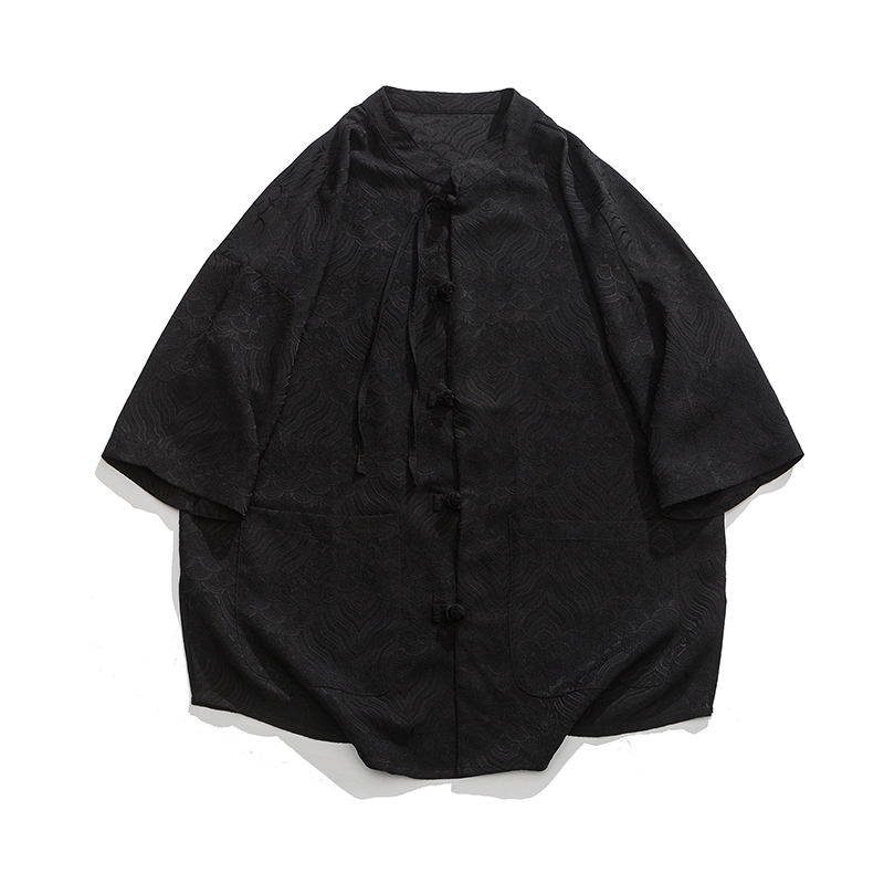 短袖汉服上衣潮男双面纱缎面五分