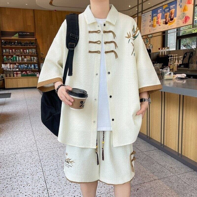 夏青少年运动服套装男新中式潮牌竹子印花盘扣上衣短袖短裤两件套