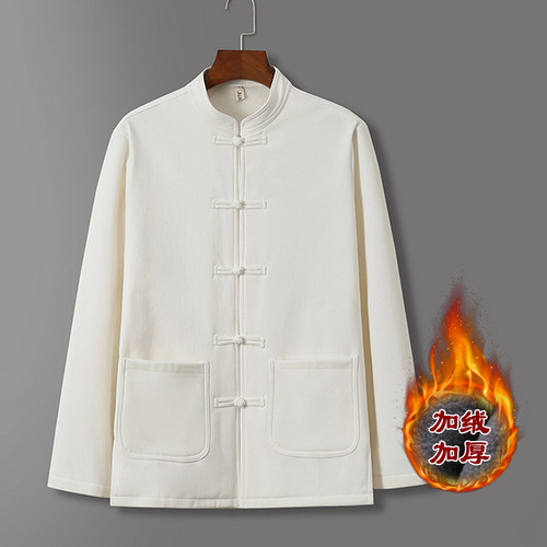 商务唐装加绒加厚长袖衬衫男装