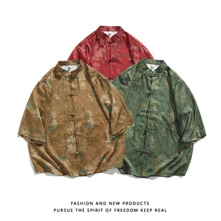 冰丝短袖 五分中袖 衬衫 衬衣中国风复古盘扣唐装 上衣 男女情侣款 夏季