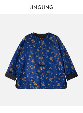 JINGJING2024新款“蓝禾”100桑蚕丝蓝色印花蝴蝶缎面偏光感上衣