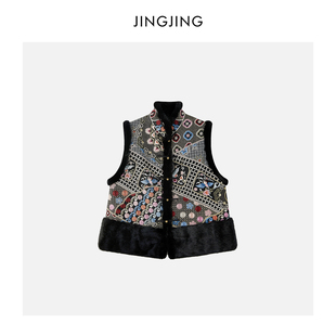 JINGJING2024新款“松烟入墨”100桑蚕丝水貂毛设计手工刺绣马甲