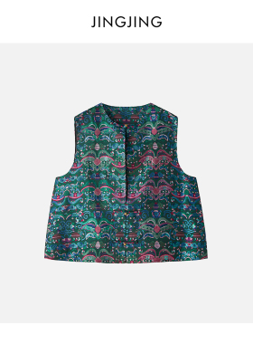 JINGJING2026新款“古彩”桑蚕丝云锦35姆米圆领排扣炫彩国风马甲