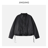 JINGJING 复古做旧感黑色拉链抽绳皮质宽松棒球风外套 追风