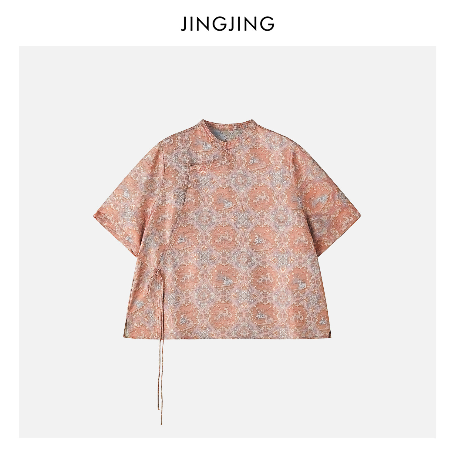 JINGJING"鹿鸣锦韵"100%桑蚕丝28姆米宽松圆领气质国风短袖上衣