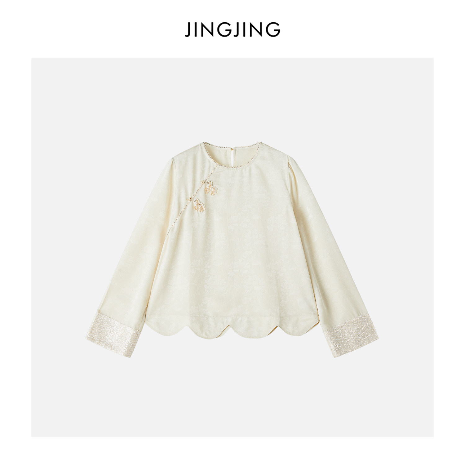 JINGJING2026新款“玉珠素锦”国风气质提花亮片小马钉斜襟上衣,女装/女士精品,上衣,淘宝优惠券,粉丝福利购,淘宝优惠卷