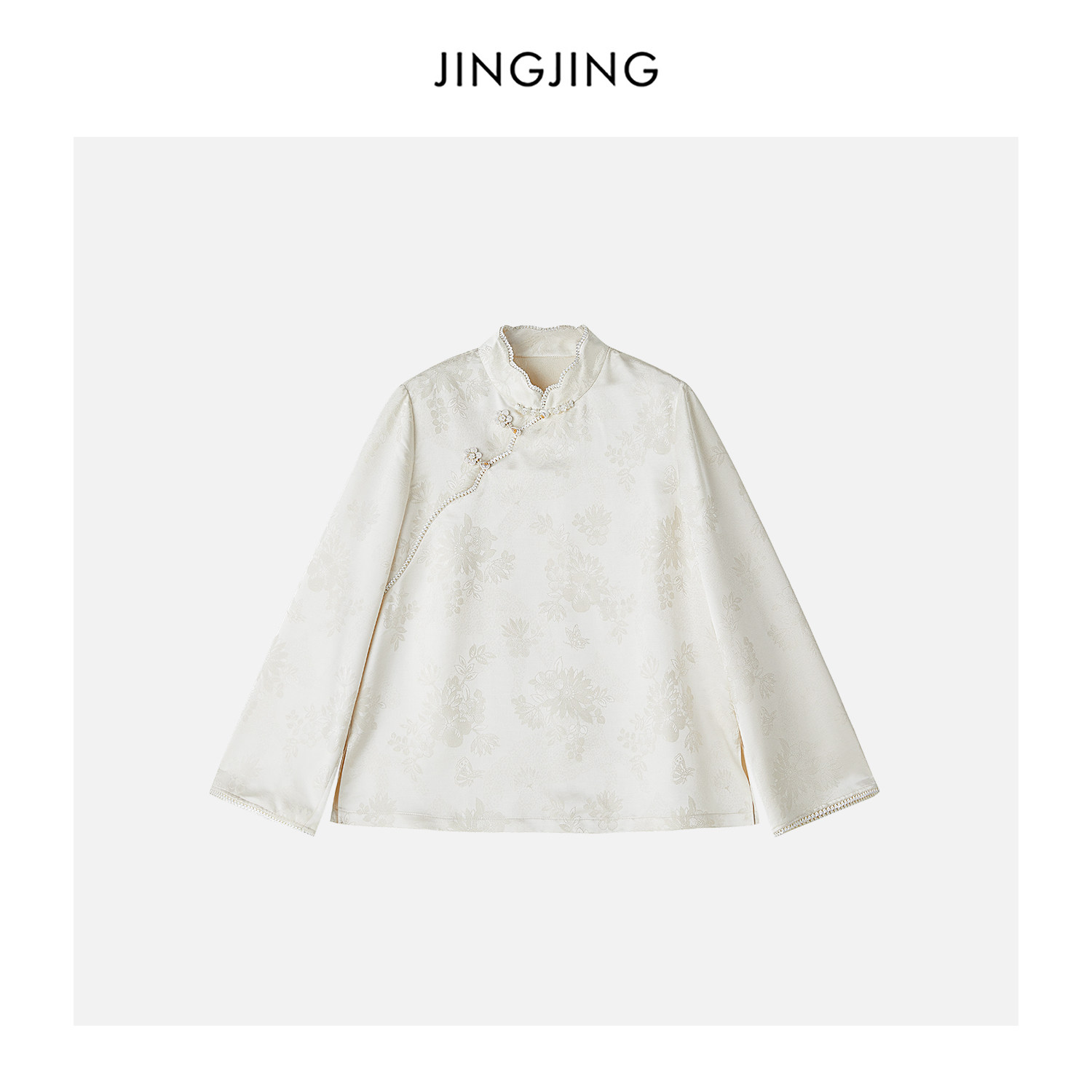 JINGJING2026新款“白缎缠珠”桑蚕丝花瓣襟樱花扣提花国风上衣
