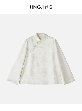 JINGJING2026新款“白缎缠珠”桑蚕丝花瓣襟樱花扣提花国风上衣