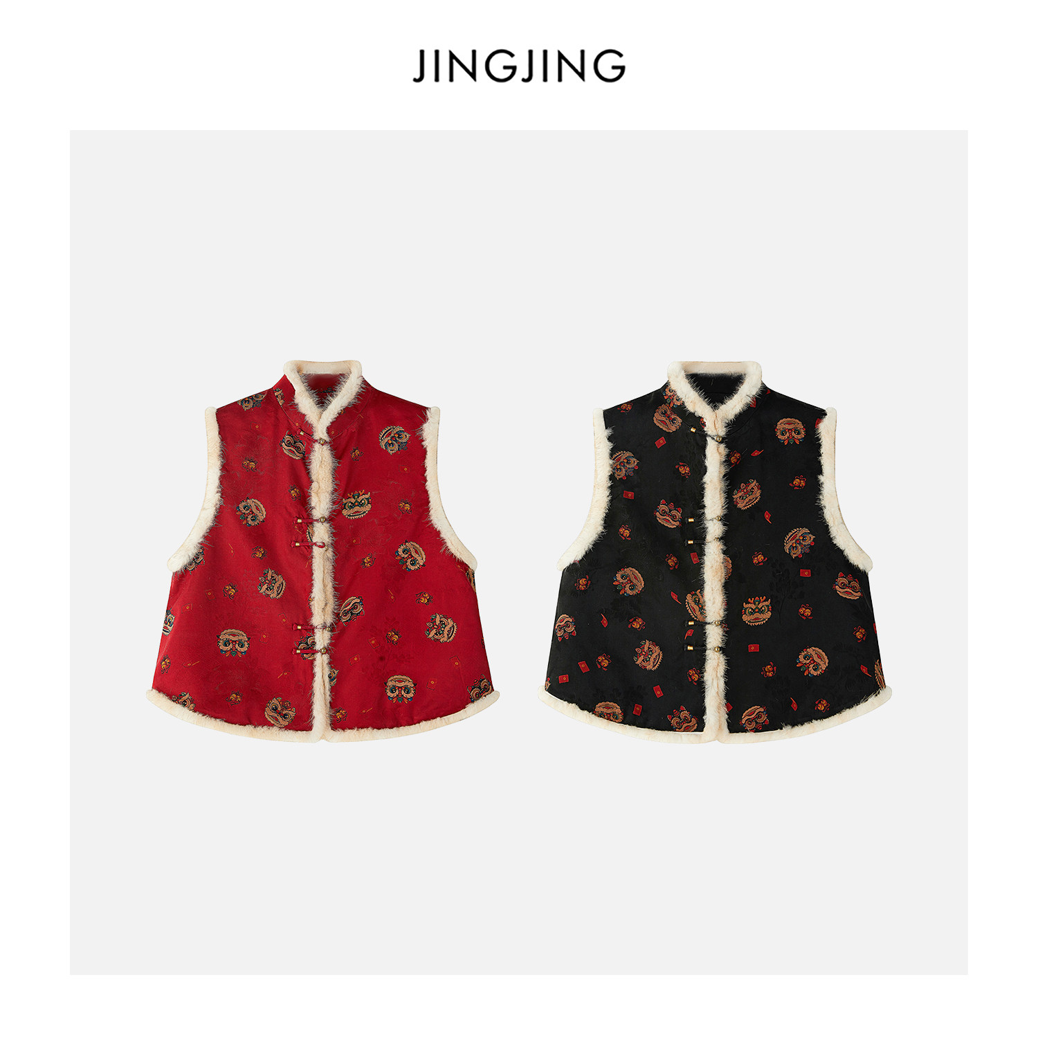 JINGJING2024新款“醒狮共舞”桑蚕丝印花盘扣水貂毛夹棉国风马甲