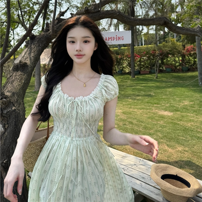 green大姐姐【热恋抹茶】气质修身收腰短袖圆领连衣裙蕾丝花长裙