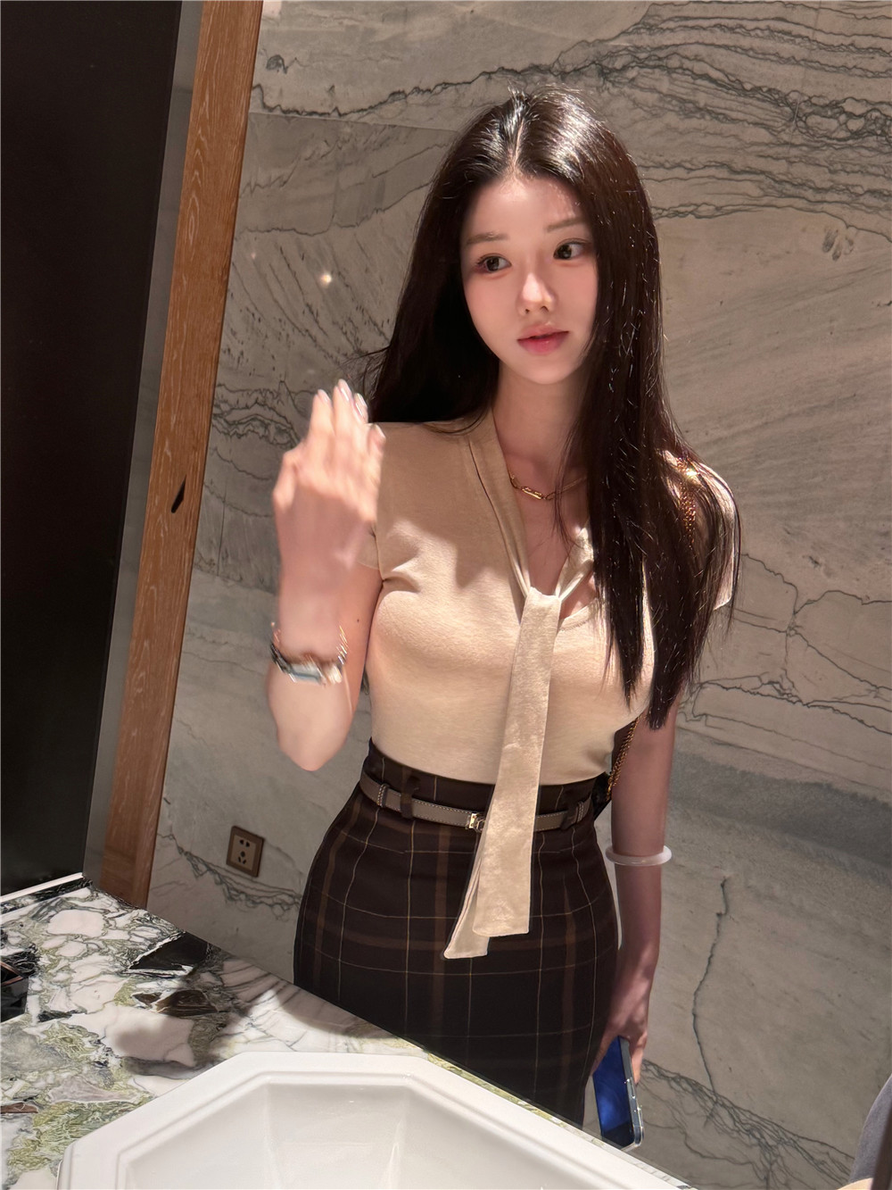 green大姐姐【韩女衬衫】气质修身休闲女系带V领短袖针织衫上衣薄
