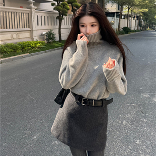 气质收腰灰高领毛衣休闲毛呢半身裙短款 greem大姐姐 智感韩女
