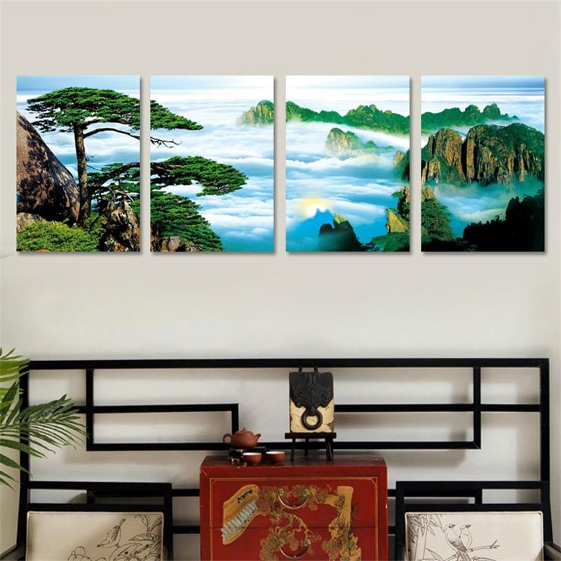 高档装饰迎客松长青树薰衣草客厅卧室沙发背景无框四联挂画 4联价图片
