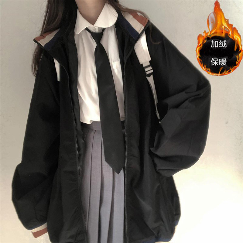 加绒保暖宽松外套女秋冬ins潮BF学院风学生拉链开衫上衣复古风衣