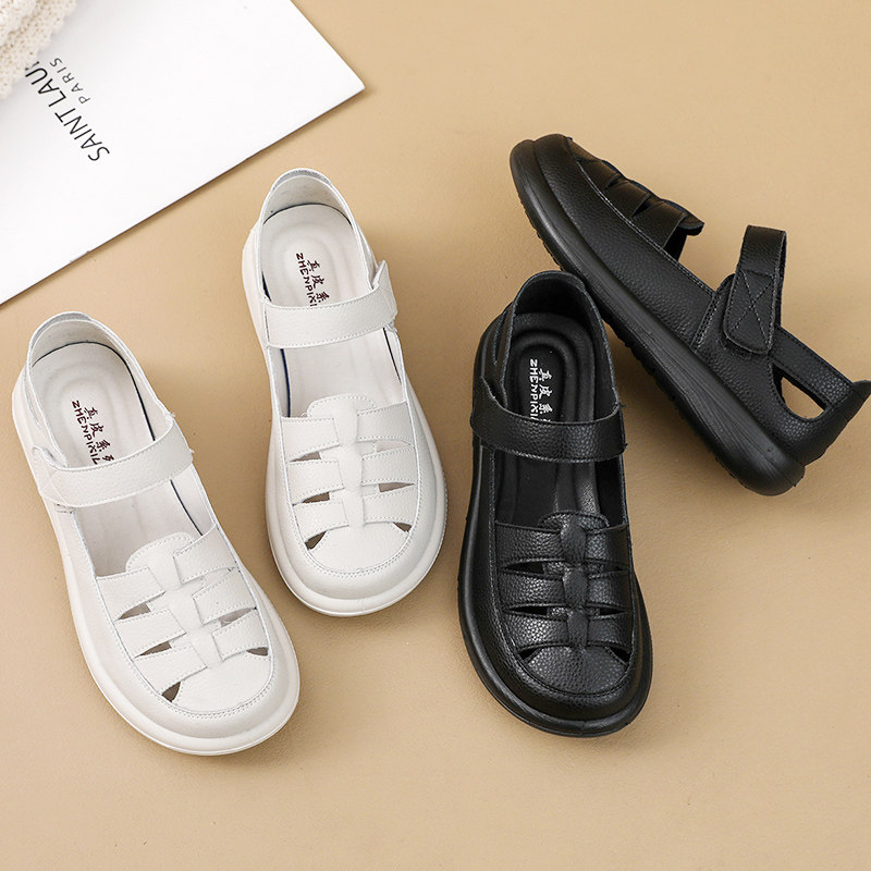 真皮软底妈妈鞋包头凉鞋女舒适防滑单鞋镂空洞洞鞋中老年皮鞋春秋