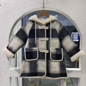 男孩女孩毛呢大衣呢子外套 12岁男童女童加绒格子大衣连帽韩版