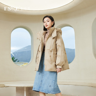 2023新款时尚中长连帽小众白鸭绒羽绒服图案宽松外套086