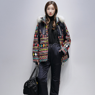 断码特价 艾尚雪套装滑雪服冬季羽绒服印花大毛领外套女02187