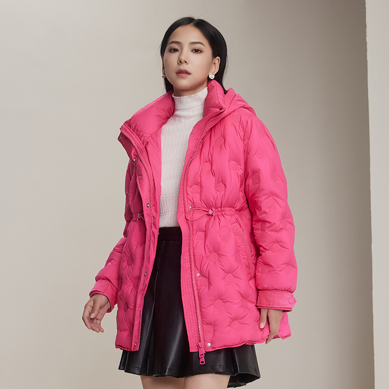 梵凯优雅中长立领连帽收腰羽绒服