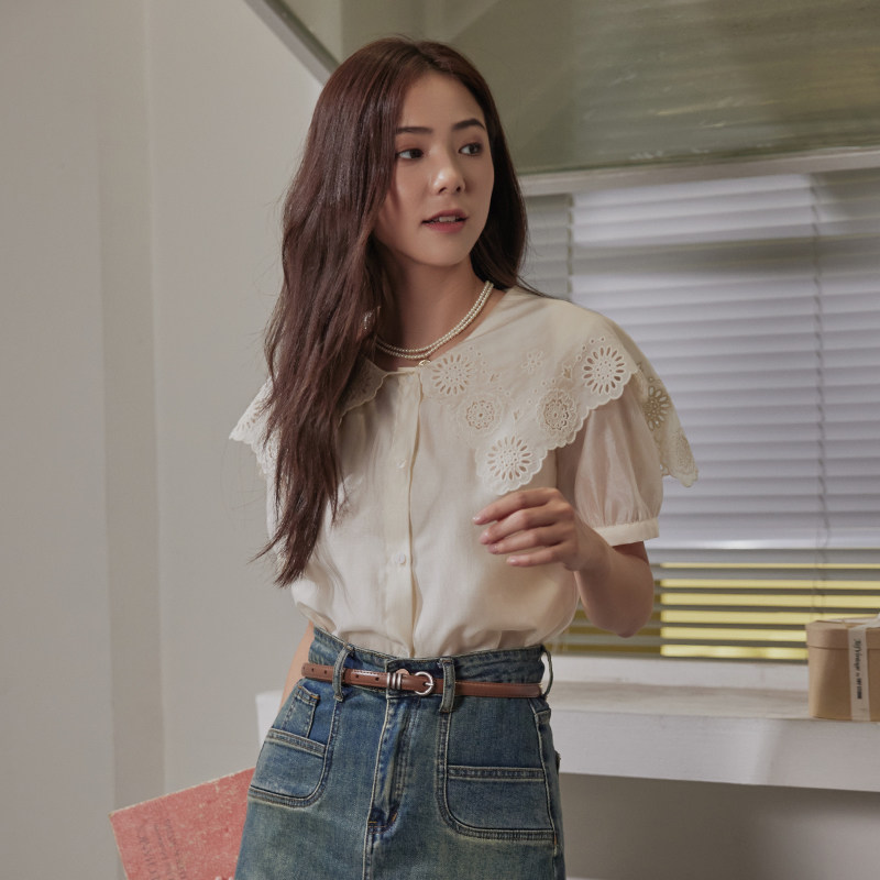 梵凯夏法式娃娃领天丝短袖衬衣女