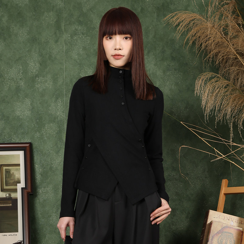 梵凯针织衫女2025秋设计感交叉半高立领摆长袖修身打底针织衫上衣