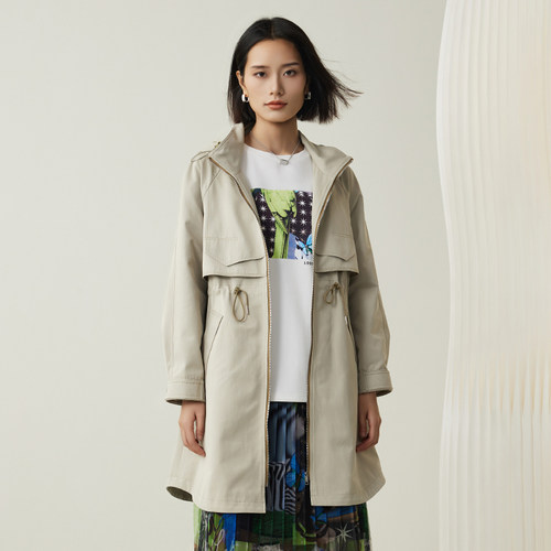 梵凯滑肩连帽中长休闲收腰风衣女