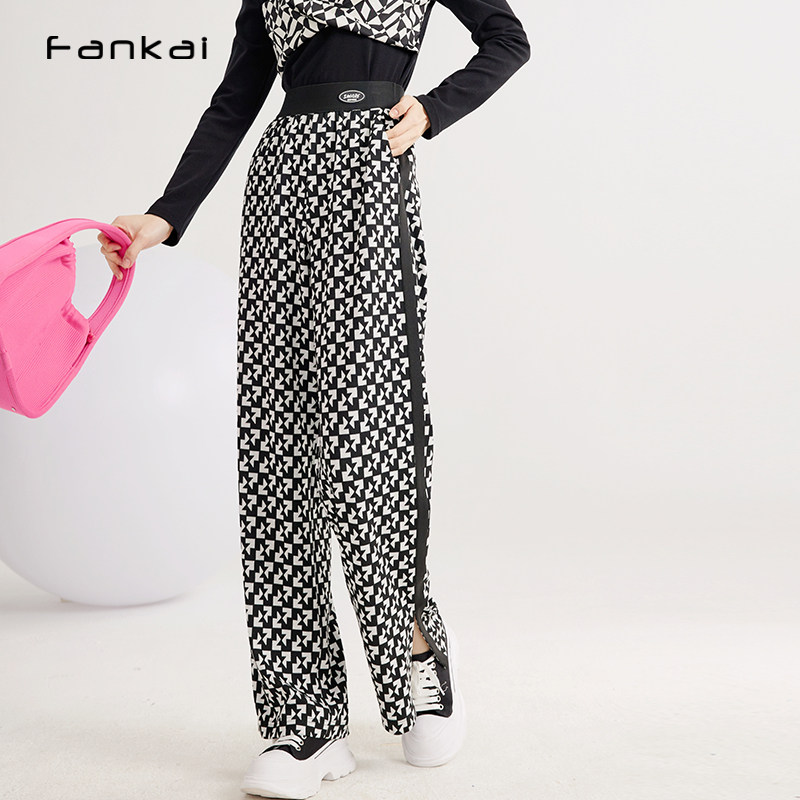 梵凯直筒休闲长裤2024春开叉几何花阔腿裤宽松遮肉通勤百搭裤子