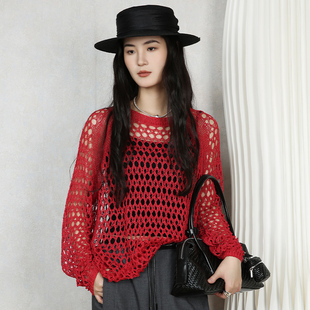 梵凯套头衫女2026春时尚红色镂空网状长袖针织衫宽松套头罩衫上衣