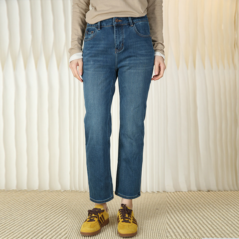 梵凯牛仔裤女2025冬高腰直筒修身弹力小脚九分牛仔裤加绒加厚靴裤