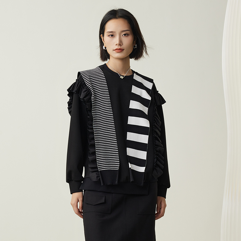 梵凯春季宽松时尚木耳花边卫衣女