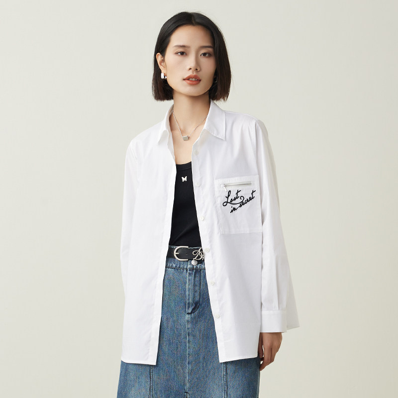梵凯宽松休闲长袖棉剌绣衬衣女