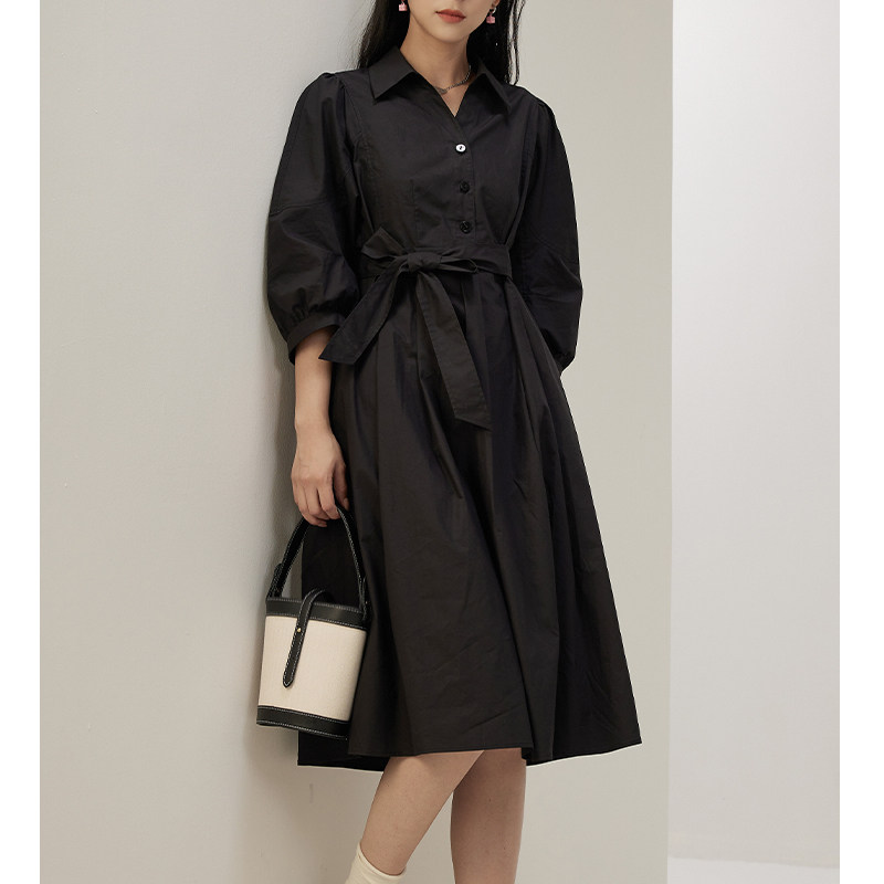 梵凯纯棉连衣裙2024秋轻奢高级感衬衫V领收腰显瘦中长款连衣裙