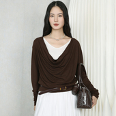 针织上衣百搭极简款 梵凯T恤女2026春天丝薄款 荡领假两件长袖 T恤女